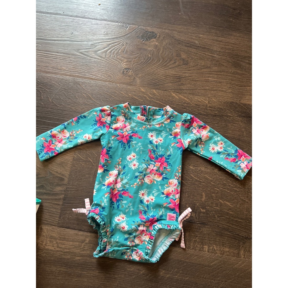 RuffleButts Baby Girl Floral Long Sleeve Rash Guard Swimsuit Teal Pink 6-12M